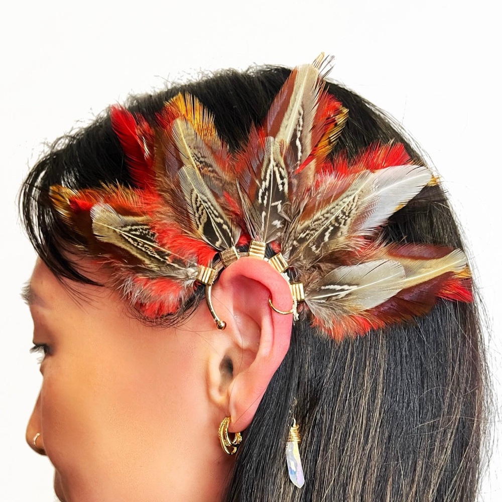 Brown & red feather ear cuff, pierce free no pierce earring